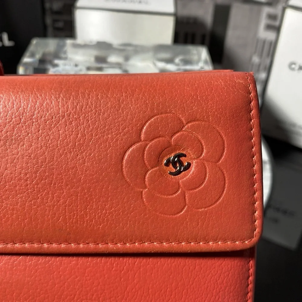 Vintage CHANEL Orange Leather Camellia Chain Wallet (2005)